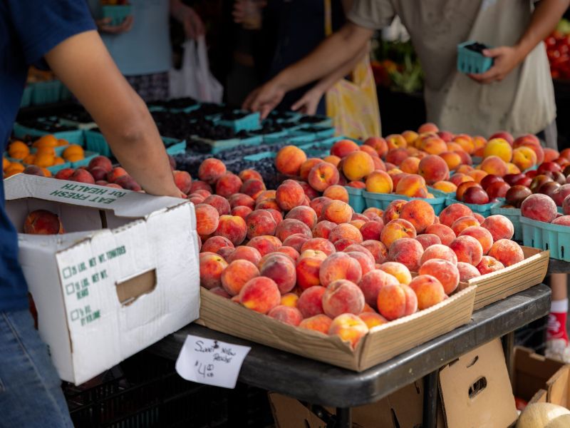 Peaches and berries for sale at a farmers market, with people selecting fruit at the stands.