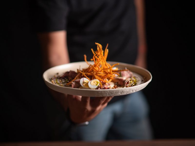 A person holds a plate of gourmet food, topped with crispy strips and sliced boiled quail eggs.